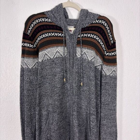 The Alpaca Connection Grey with Aztec Print Hooded Zip Up Sweater Size Large - Picture 3 of 6